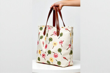 A hand holding a white bag with a floral pattern on it.