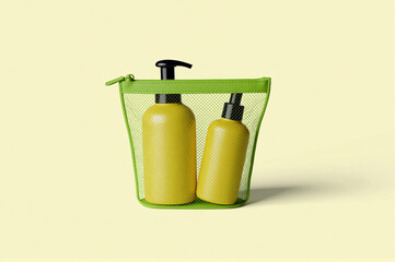 Two yellow plastic bottles in a green mesh bag.