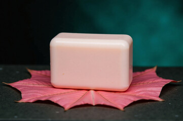 A bar of soap sitting on top of a red leaf.