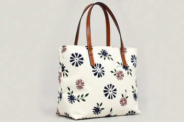 A white tote bag with a floral pattern on it.