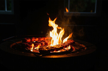 A fire pit is lit up in the dark. 