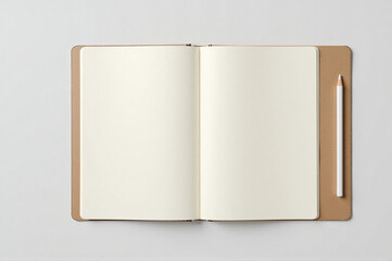 White notebook with a brown cover on a gray surface.