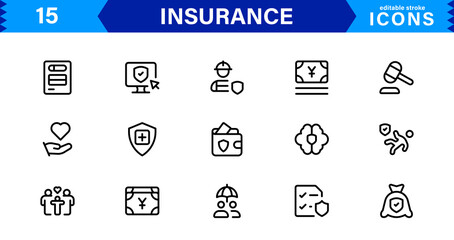 Insurance Icon Set Featuring Protection, Policy, Coverage, Claims, and Risk Management Concepts in a Clean, Professional, and Marketable Vector Style