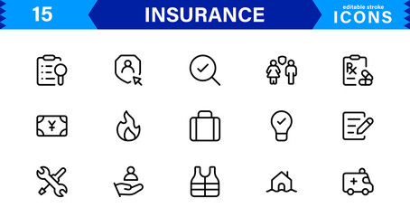 Insurance Icon Set Featuring Protection, Policy, Coverage, Claims, and Risk Management Concepts in a Clean, Professional, and Marketable Vector Style