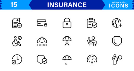 Insurance Icon Set Featuring Protection, Policy, Coverage, Claims, and Risk Management Concepts in a Clean, Professional, and Marketable Vector Style