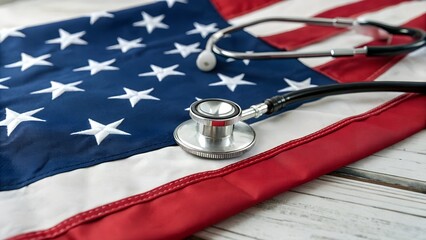 Stethoscope on american flag representing healthcare in the united states