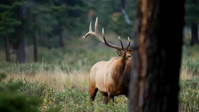 Majestic Bull Elk Bugling in Colorful Autumn Forest Wilderness