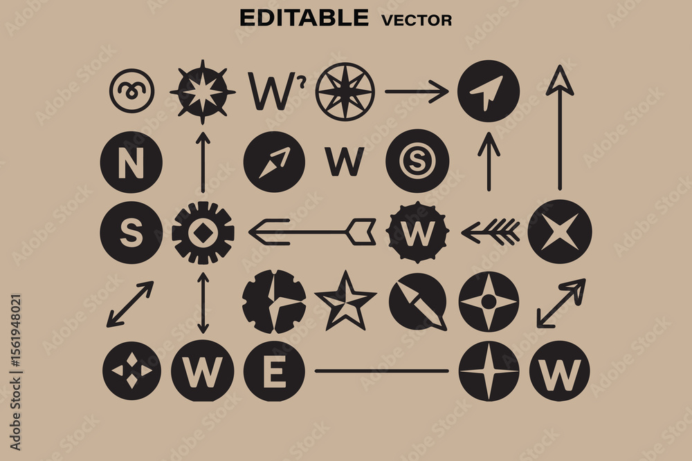 Poster collection of black navigation icons and directional arrows on a beige background editable vector