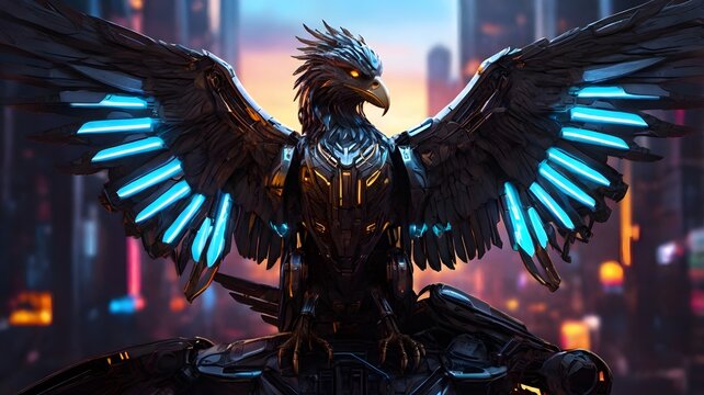 Cybernetic Eagle Soaring Above Futuristic Cityscape with Glowing Neon Accents
