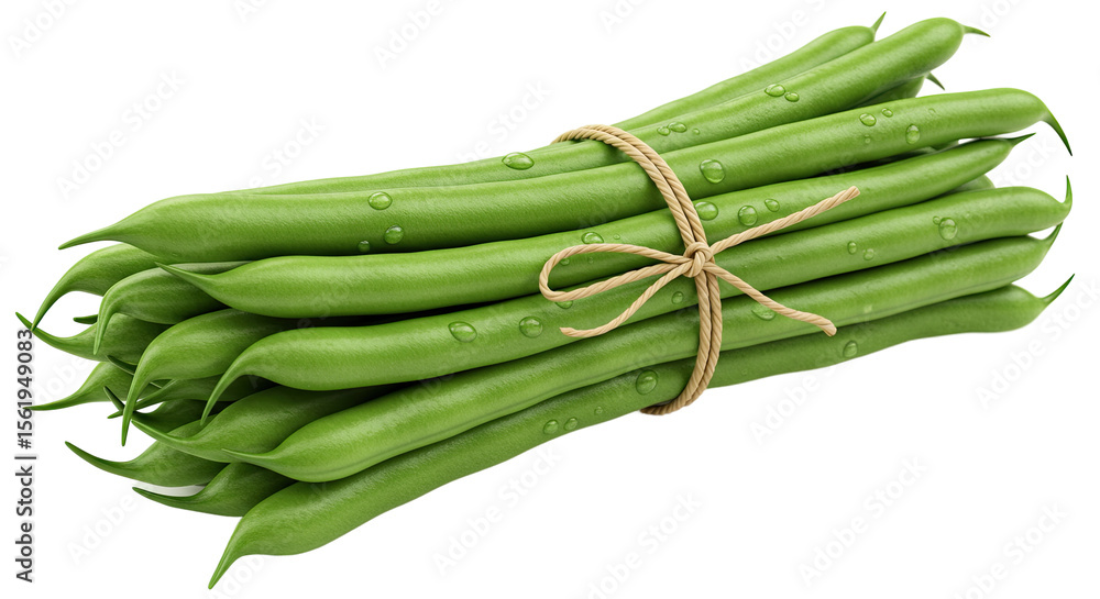 Poster Freshly picked bundle of green beans tied with twine on a transparent background