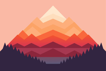 Geometric Mountain Landscape Sunset Hues and Serene Reflections