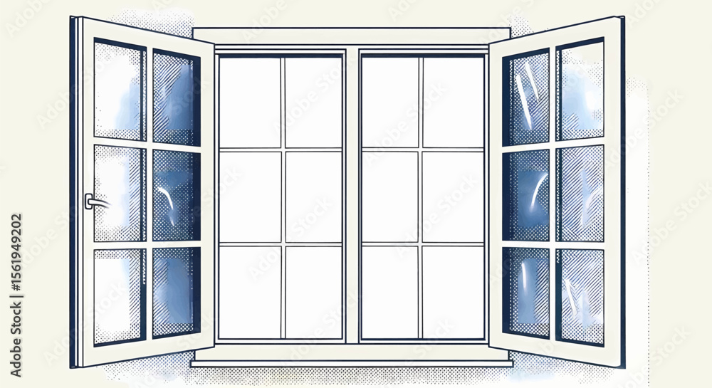 Poster this high-quality vector illustration features a distressed halftone white-framed window with open c