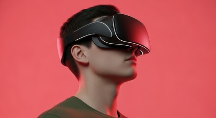 Person wearing a black vr headset against a red colored background view