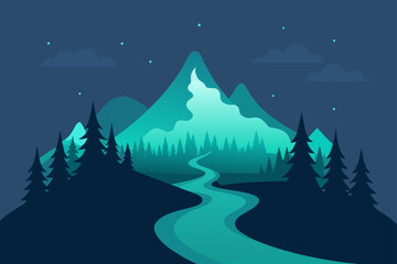 Fototapeta premium Enchanted Night Serene Mountain Landscape with Glowing River