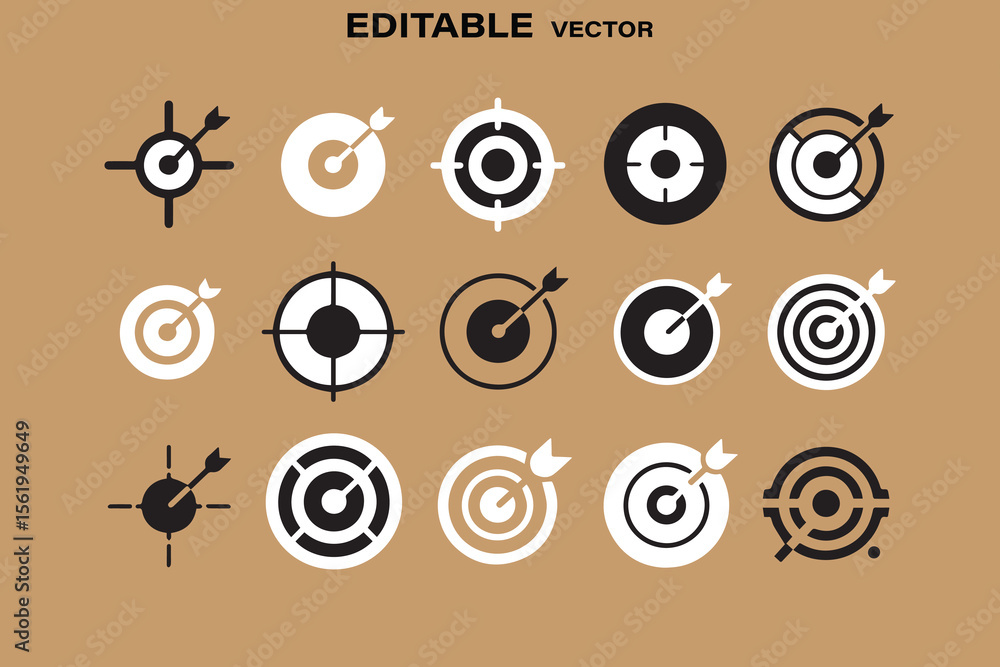 Poster collection of diverse target and dart icons in black and white representing goals and accuracy