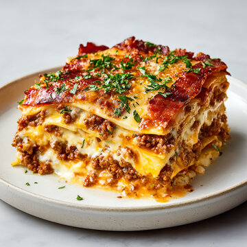 Delicious Cheesy Lasagna with Layers of Meat Sauce and Bacon &ndash; Tasty Italian Comfort Food, Fresh Herbs on Top, Gourmet Homemade Recipe, and Classic Pasta Dish on White Plate
