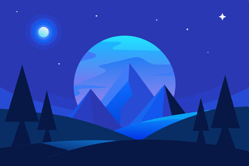 Fototapeta premium Serene Night Landscape Blue Mountains, Moonlit Sky, and Silhouettes of Trees