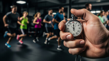 Close-up of a hand holding a stopwatch with a blurred group of people running in the background at a gym