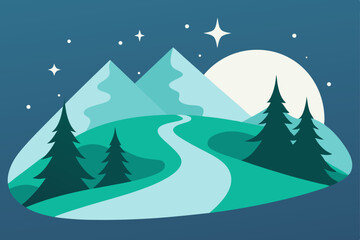 Serene Night Mountain River Landscape Illustration