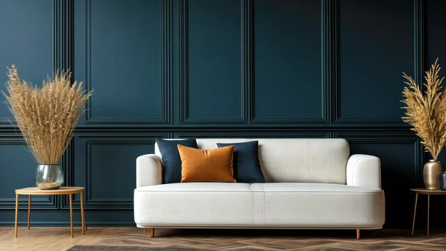 A cozy sofa with decorative pillows complements elegant wall paneling and a stylish plant arrangement in a modern interior