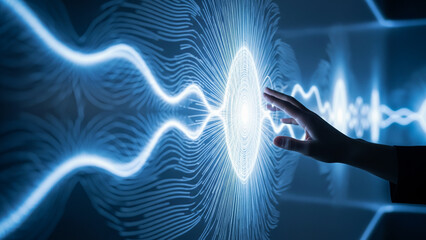 Human hand interacting with a glowing futuristic blue energy pattern, suggesting digital interface or quantum technology