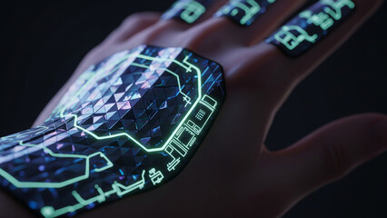 Close-up of a human hand with glowing green and blue futuristic circuit patterns overlaid on the skin