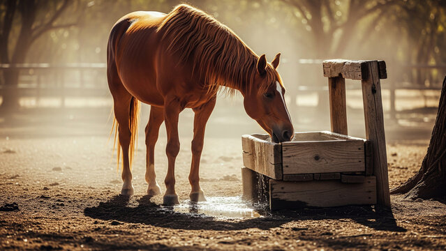 Golden brown horse drinking water from a rustic wooden trough in a sunlit, dusty outdoor setting