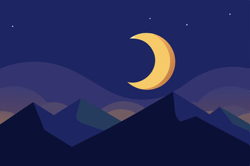 Obraz premium Serene Nightscape Crescent Moon over Silhouetted Mountains