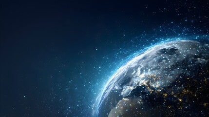 Obraz premium Earth viewed from space with a digital network of connected points representing global communication and technology. Concept of worldwide connectivity.