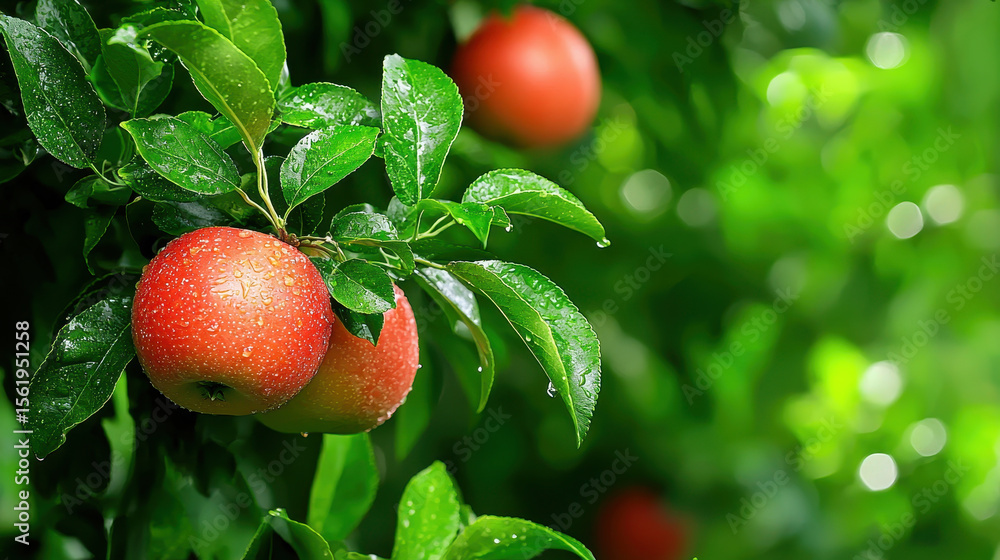 Poster fresh apples on tree branch glisten with dew, surrounded by vibrant green leaves, creating refreshin
