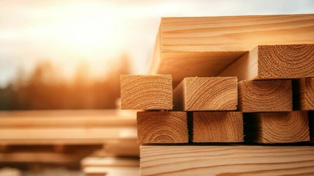 Quality wooden planks are arranged in a neat stack during golden hour, showcasing their natural grain and versatility for projects