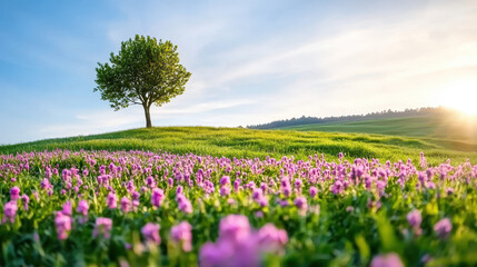 Serene landscape featuring solitary tree on hill, surrounded by vibrant purple flowers under clear blue sky. scene evokes tranquility and beauty