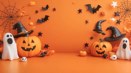 Halloween party pumpkin, ghost, and witch hat on an orange background. Spooky holiday design for celebration. Samhain