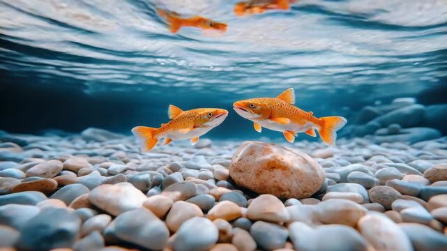 Brightly colored fish glide gracefully over smooth pebbles in clear water, illuminated by gentle rays of sunlight above