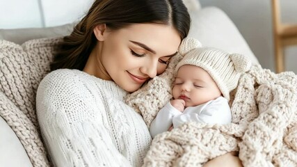 A mother lovingly embraces her sleeping baby while wrapped in a warm blanket, creating a serene atmosphere of bonding and affection