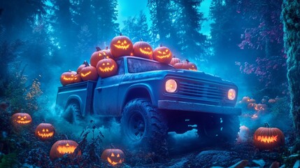 Jack o lantern filled truck driving through a spooky forest. Halloween pumpkin harvest in a mystical blue and orange haunted night. Samhain