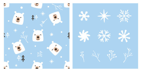 Fototapeta na wymiar Christmas seamless pattern with cute bear cartoon, branch, pine tree. berry and snowflakes on blue background. Snowflakes and winter branches icon set vector.