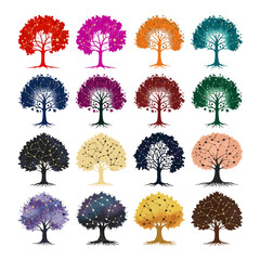 Colorful trees collections flat illustrative speckled starry bright colors.