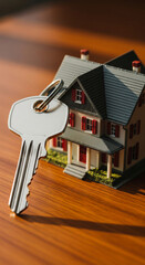Silver key next to gray house model on wood surface, symbolizing homeownership, real estate, and new beginnings