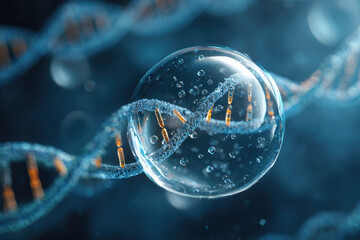 Cosmetic Essence, Liquid bubble, Molecule inside Liquid Bubble on DNA water splash background