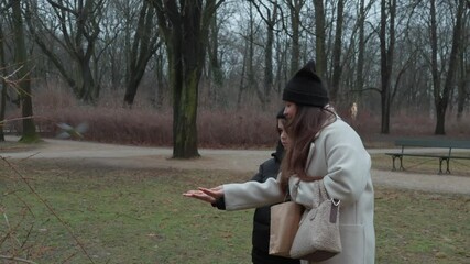 A mother leads a fun family activity in an autumn park, feeding a flock of tame titmice with her son. The trusting birds fly to both of their outstretched hands to eat seeds.