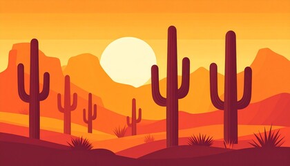 Surreal desert landscape featuring tall cacti silhouetted against warm. Earthy tones of orange and yellow. Ideal for backgrounds. High-quality design or nature-themed projects.
