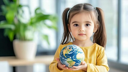 A child in a yellow shirt smiles while holding a globe, surrounded by greenery in a cozy indoor space, promoting curiosity and learning - Powered by Adobe