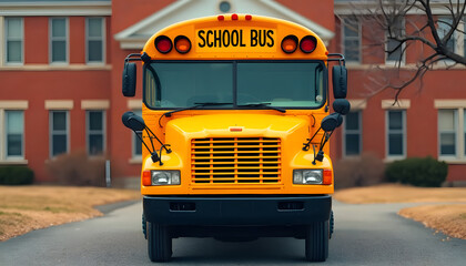 School bus background, cheerful yellow bus parked in front of red brick school, nostalgic and familiar, no logos, space for text