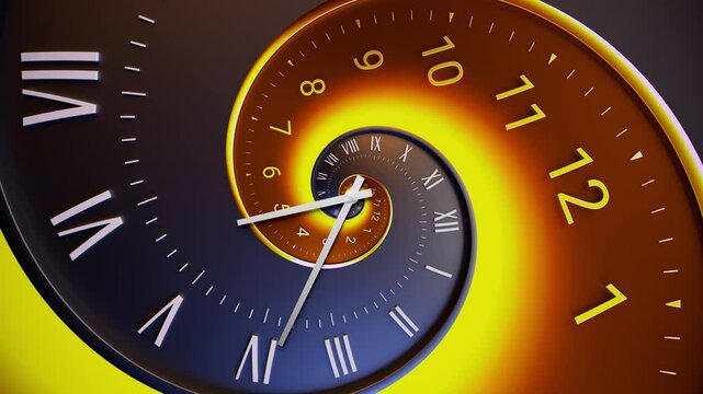 Abstract modern black and orange spiral clock dial with arabic numerals. Concept of Infinite time, deadline, scheduling, time and space, past, present and future.