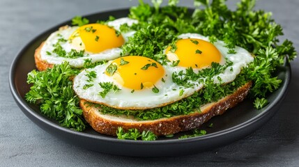 Fried egg breakfast on bread with fresh green parsley served on a dark plate for healthy morning meal for halloween holiday. Samhain