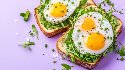 Two sunnyside up eggs on toast with arugula and pepper. Healthy breakfast or brunch for a fresh start to the day. Samhain