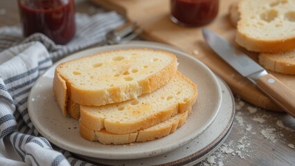 sliced ​​white bread on a plate on the dining table. with a glass of warm drink in the background