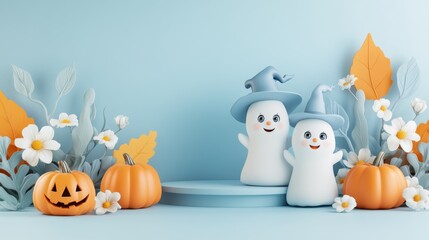 Two cute cartoon ghosts with witch hats alongside pumpkins and autumn leaves, a spooky Halloween holiday concept Samhain