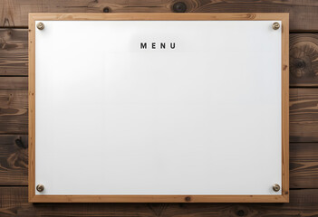 Obraz premium Whiteboard Menu with Wooden Frame on Brown Wood Background - Restaurant or Cafe Template